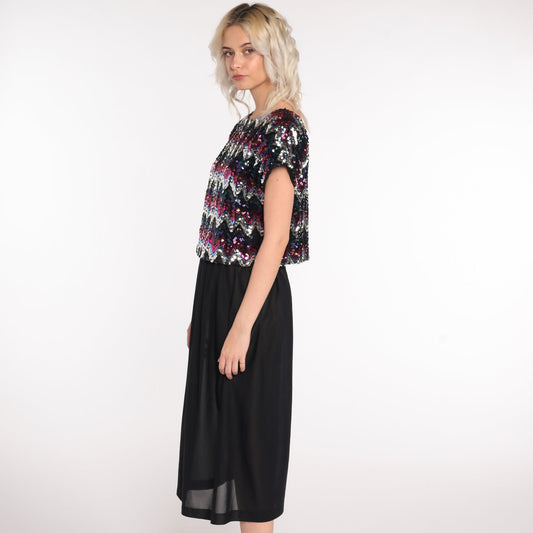 80s Black Sequin Midi Dress Short Sleeve High Waist Party Disco Small Medium