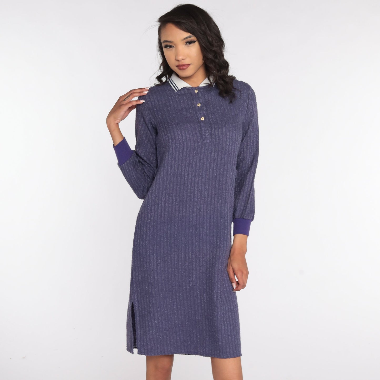 80s Purple Terry Cloth Polo Dress Knee-Length White Collar Small