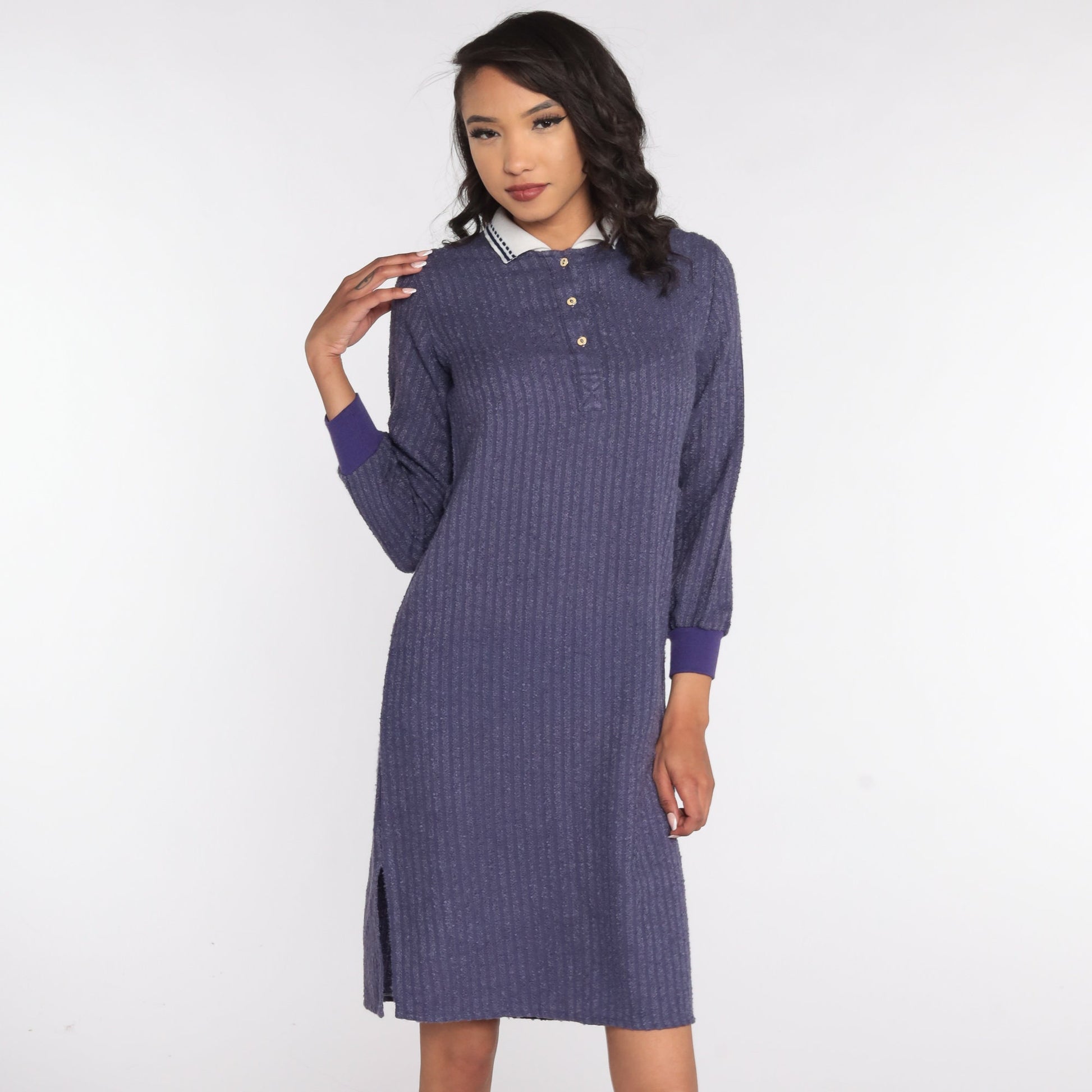 80s Purple Terry Cloth Polo Dress Knee-Length White Collar Small