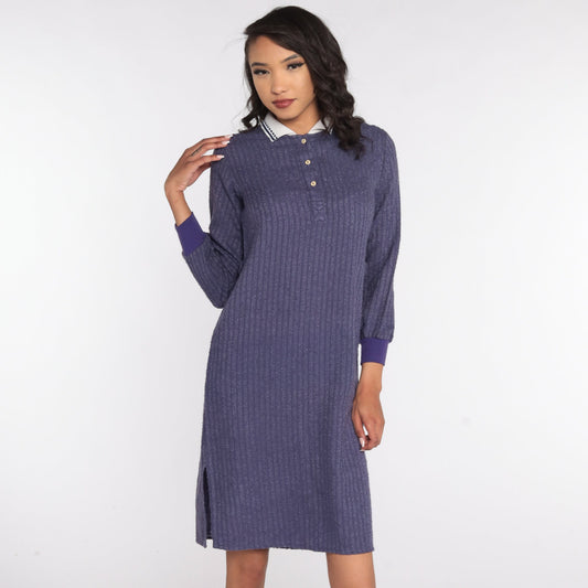 80s Purple Terry Cloth Polo Dress Knee-Length White Collar Small