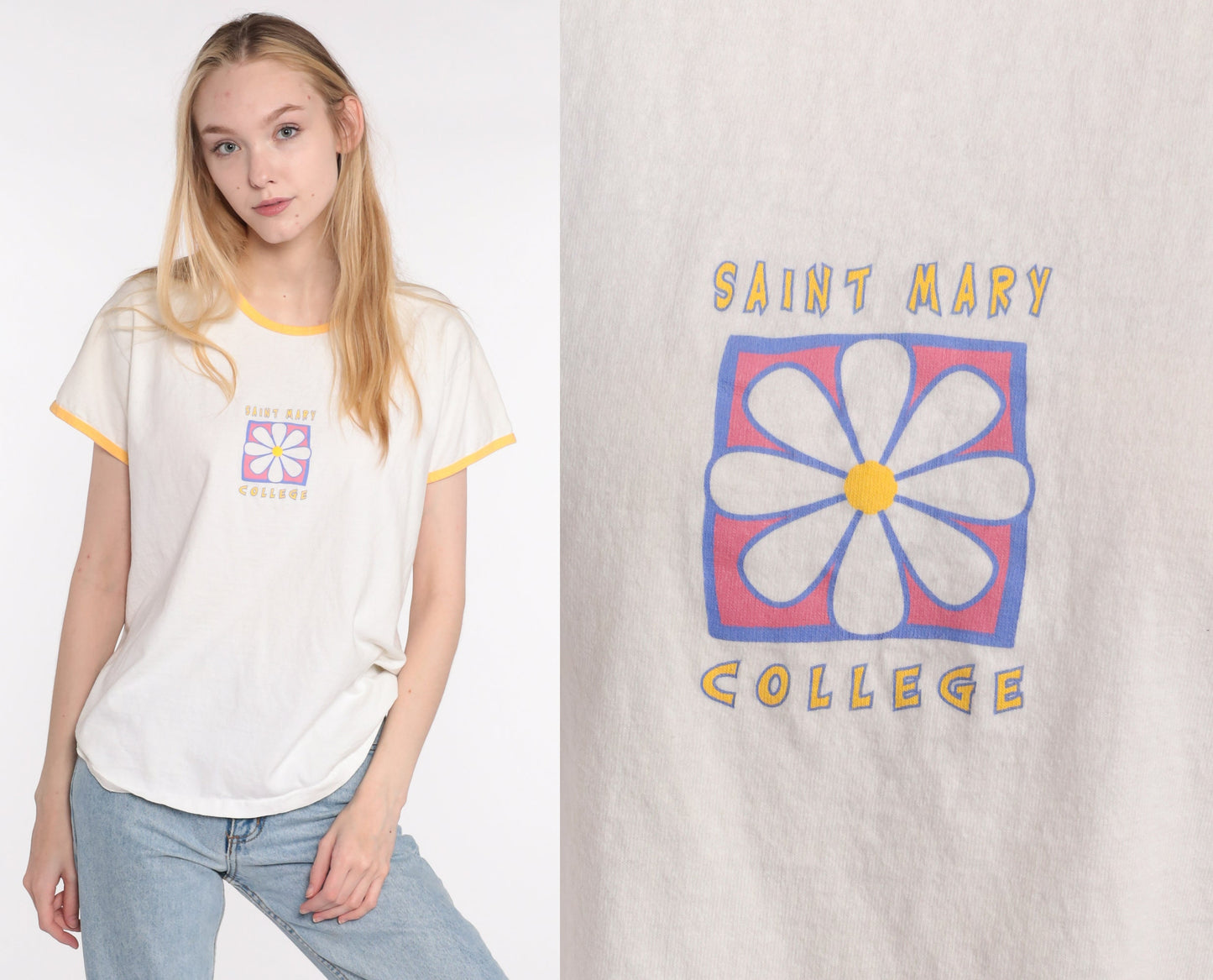 90s Saint Mary College T-Shirt Ringer Tee Cotton Medium Large