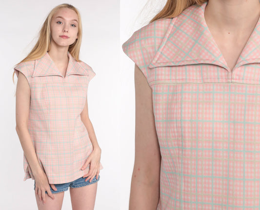 70s Pink Plaid Cap Sleeve Blouse Checkered Vintage Small Medium
