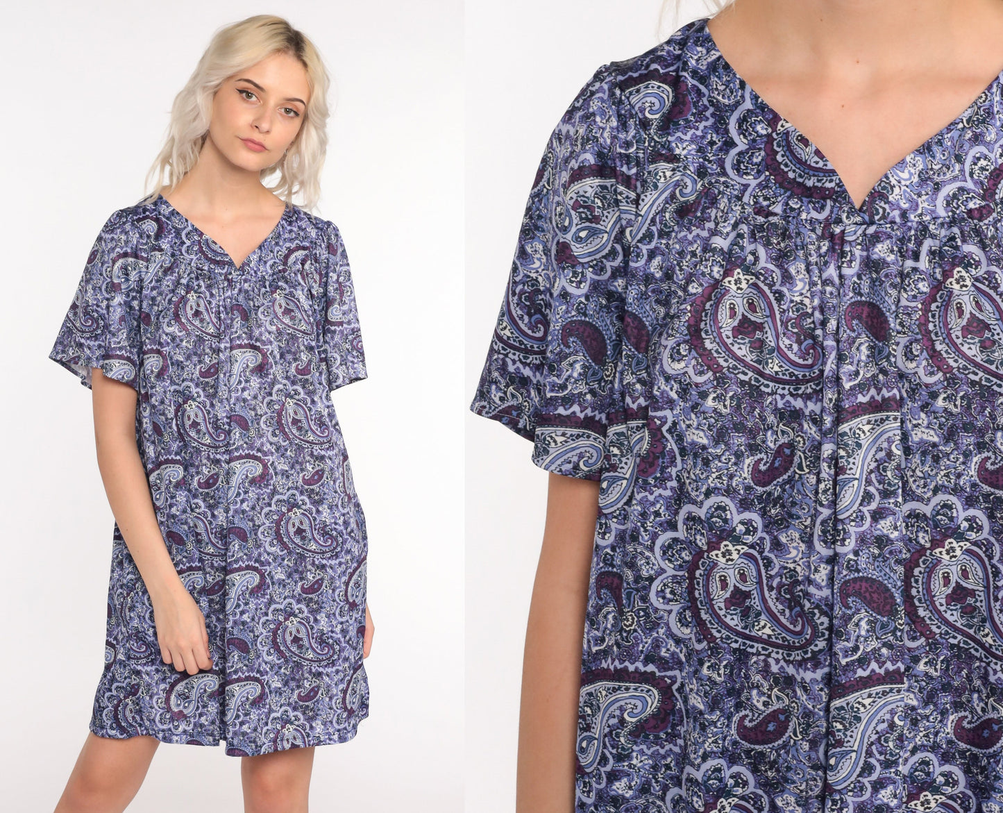 90s Purple Paisley Tent Mini Dress Short Sleeve Psychedelic Print Large L