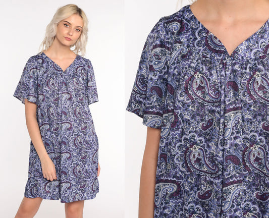 90s Purple Paisley Tent Mini Dress Short Sleeve Psychedelic Print Large L