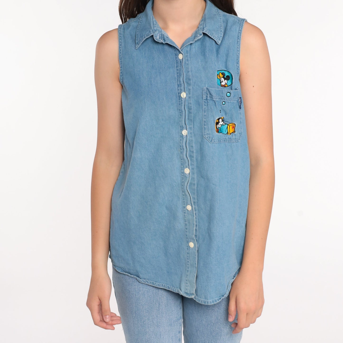 90s Mickey and Minnie Mouse Denim Shirt Disney Blue Cotton Medium