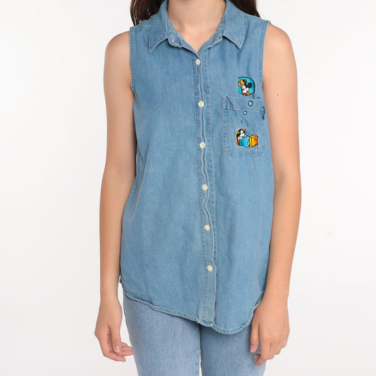 90s Mickey and Minnie Mouse Denim Shirt Disney Blue Cotton Medium