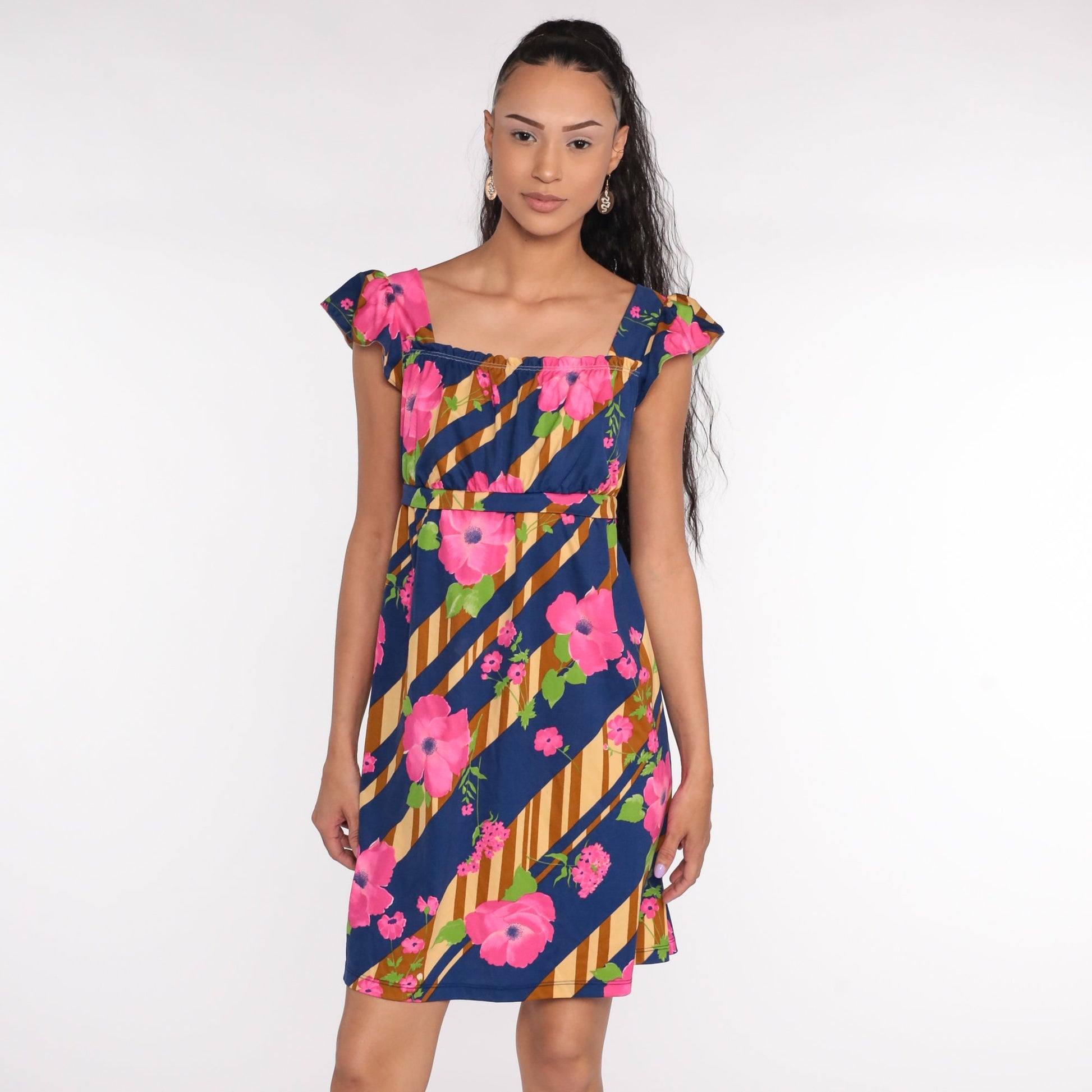70s Floral Mini Dress Empire Waist Flutter Sleeve Blue Pink Small Medium