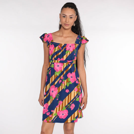 70s Floral Mini Dress Empire Waist Flutter Sleeve Blue Pink Small Medium