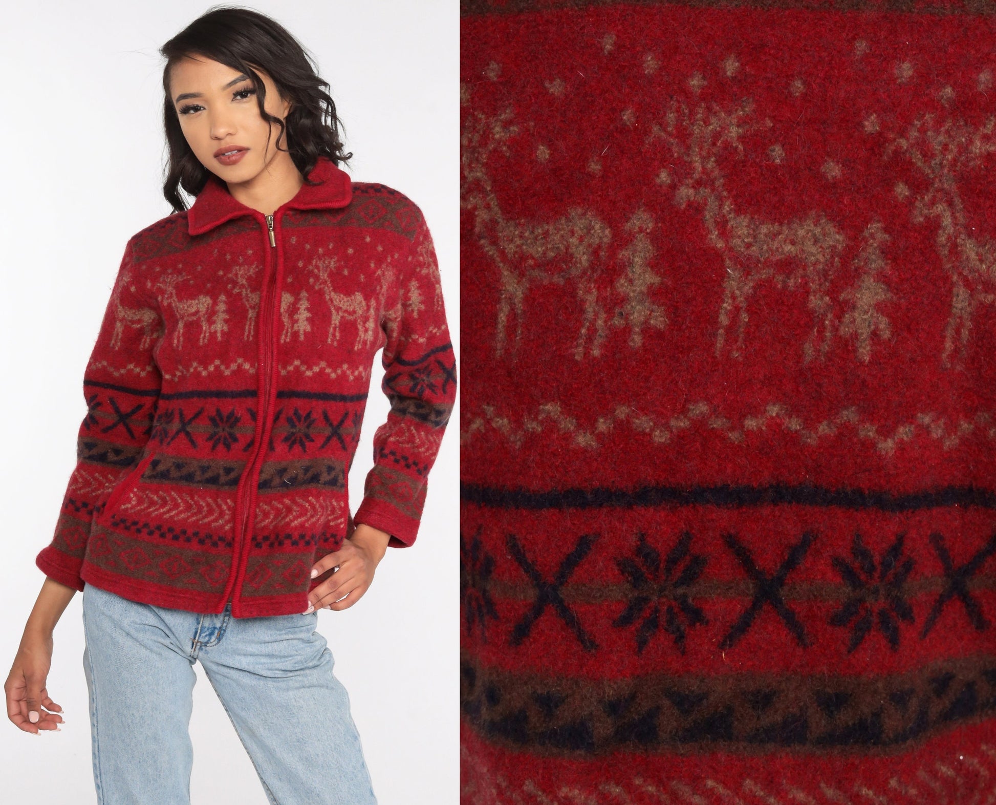 90s Venezia Wool Nordic Reindeer Zip Jacket Red Fair Isle Large L