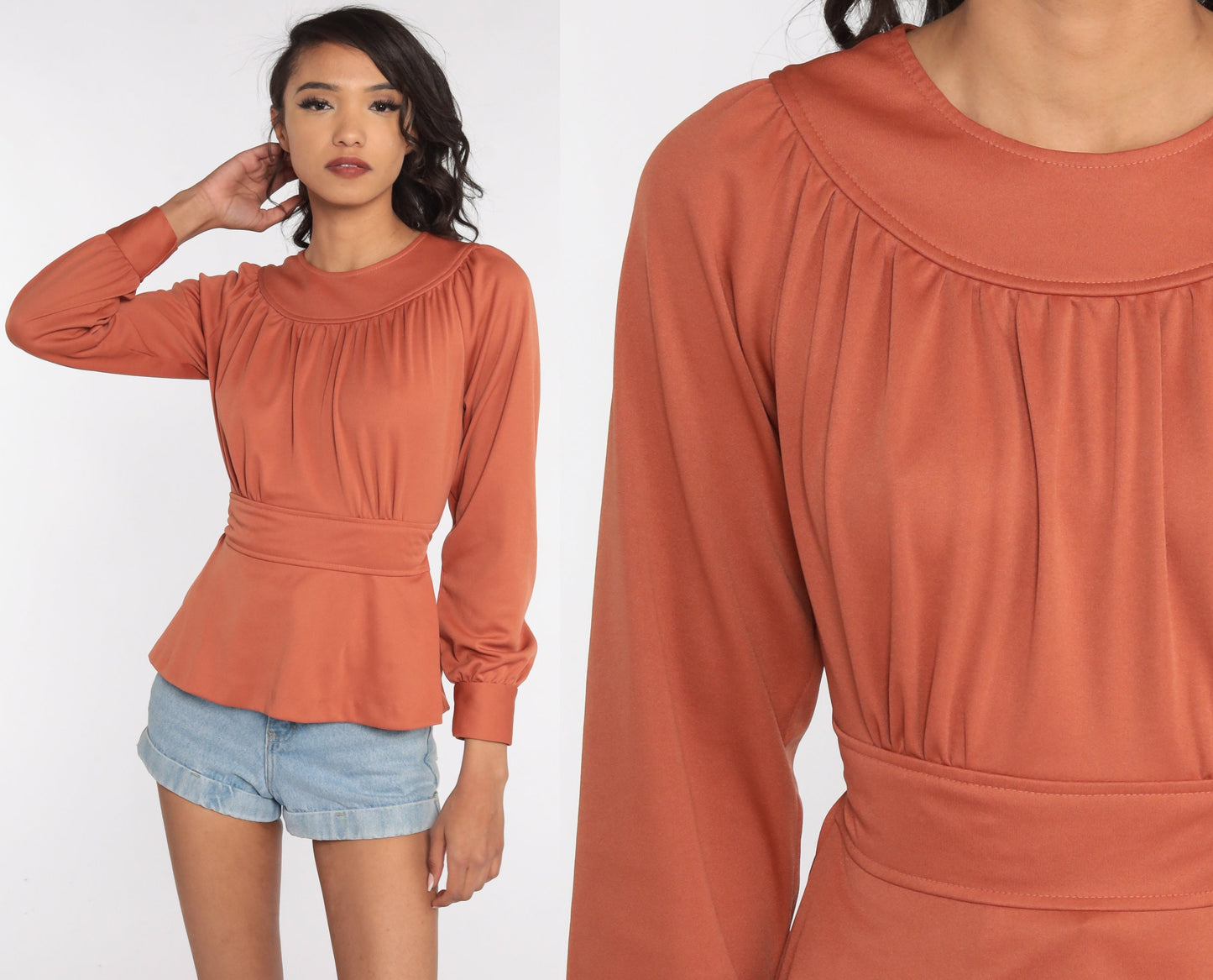 70s Peasant Blouse Terracotta Empire Waist Long Sleeve Shirt Small Medium