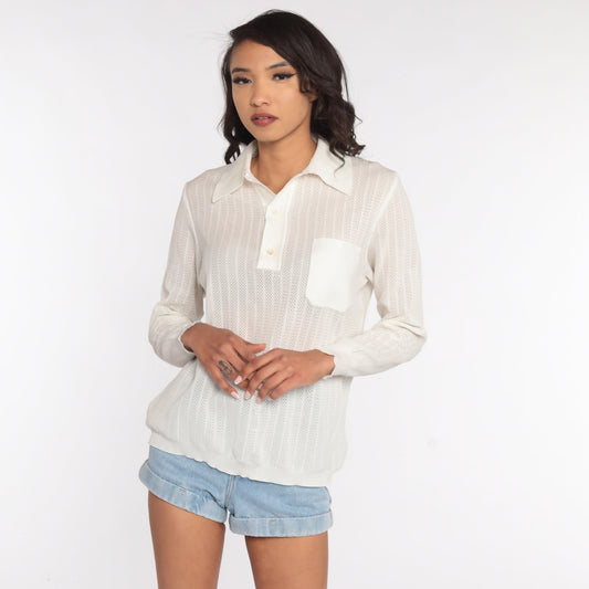 70s Sheer Off-White Cutout Blouse Long Sleeve Polo Shirt Large