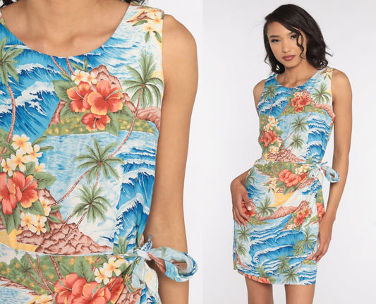 90s Hawaiian Wrap Dress Mini Tropical Bird of Paradise Print Blue Small