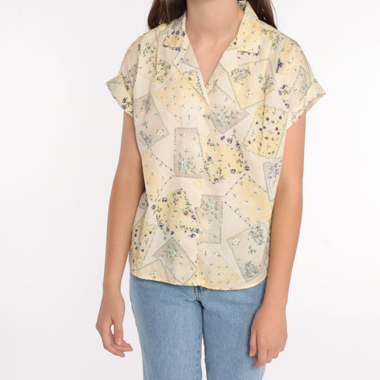 80s Tap & Co Floral Button-Up Blouse Yellow Cap Sleeve Medium