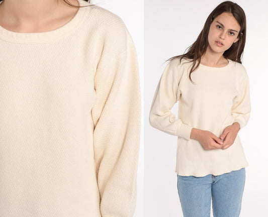 70s Cream Thermal Waffle Knit Long Sleeve Shirt Medium