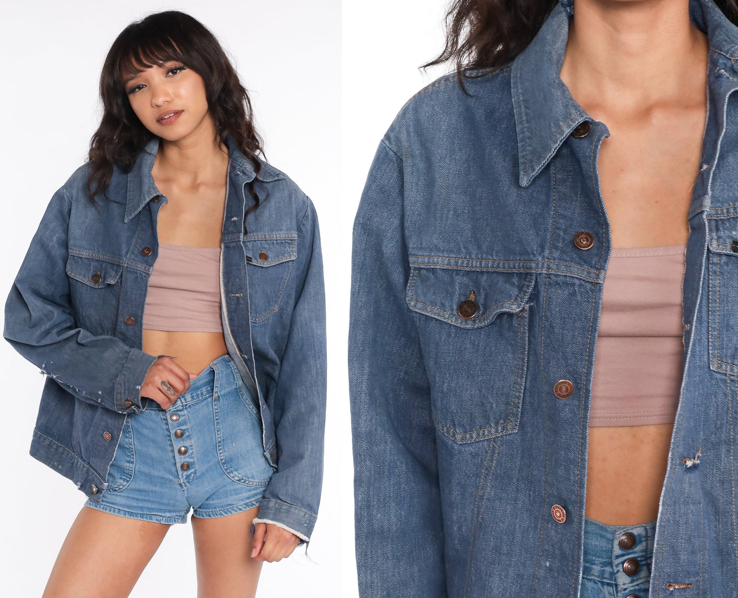 70s Roebucks Denim Jacket Blue Button-Up Biker Jean Medium