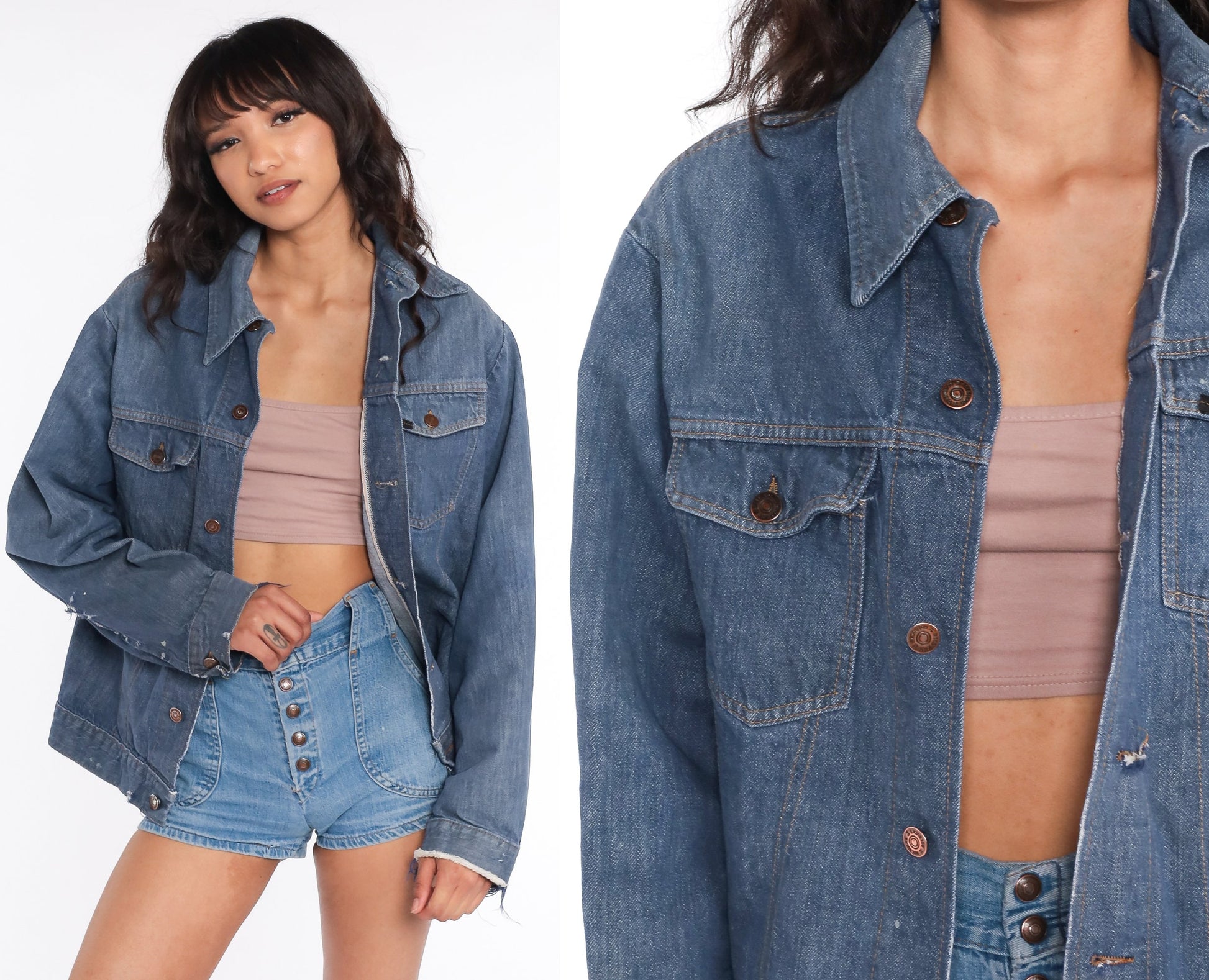 70s Roebucks Denim Jacket Blue Button-Up Biker Jean Medium