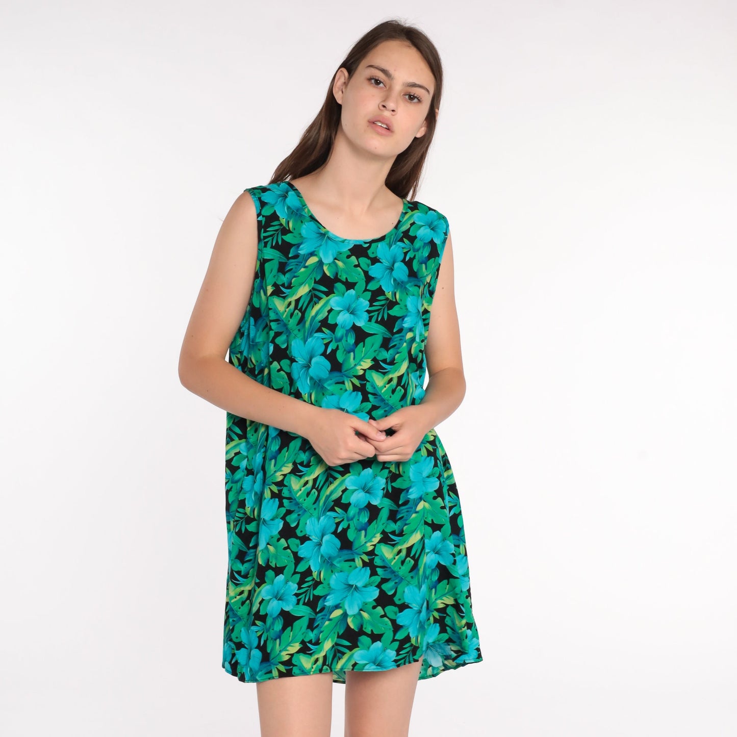 90s Tropical Floral Mini Dress Shift Sleeveless Rayon Extra Large XXL