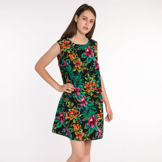 90s Floral Tropical Mini Dress Shift Sleeveless Hawaiian Print Plus Size XXL