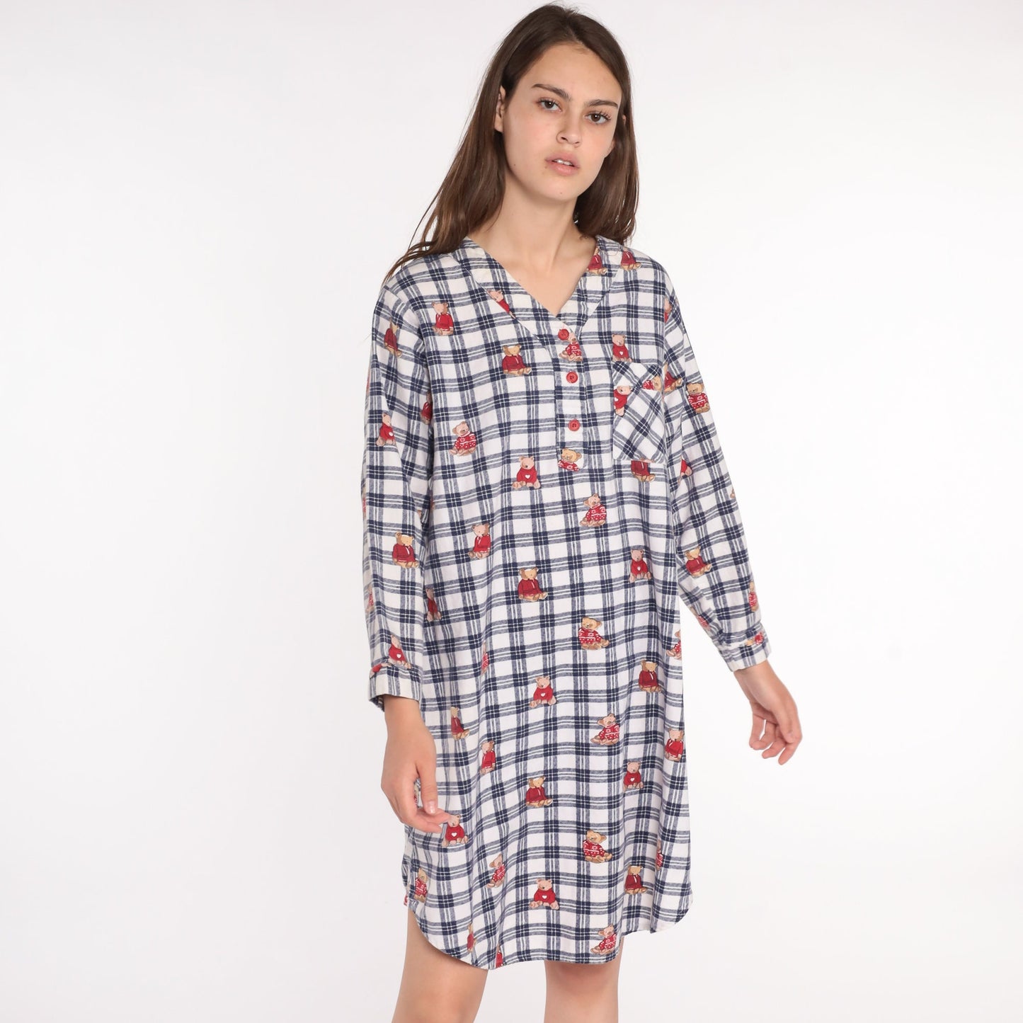 80s Teddy Bear Flannel Nightgown Checkered Pajama Dress Cotton Medium