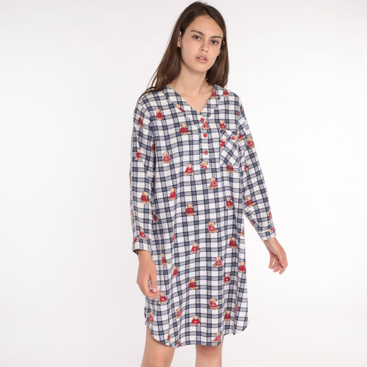 80s Teddy Bear Flannel Nightgown Checkered Pajama Dress Cotton Medium