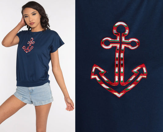 80s Navy Anchor Shirt Short Sleeve Slouchy Nautical Top Medium Large