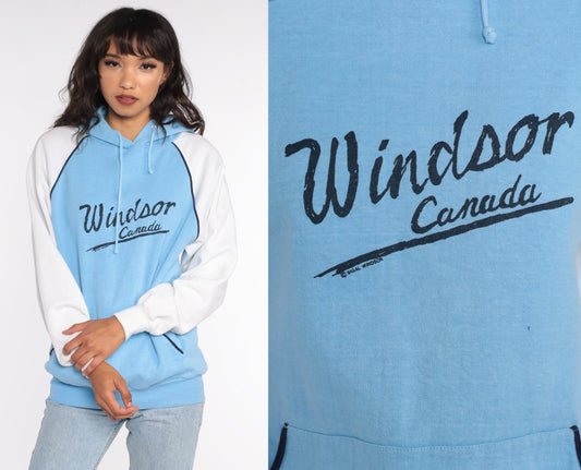 80s Windsor Ontario Canada Hoodie Sweatshirt Baby Blue Graphic Small