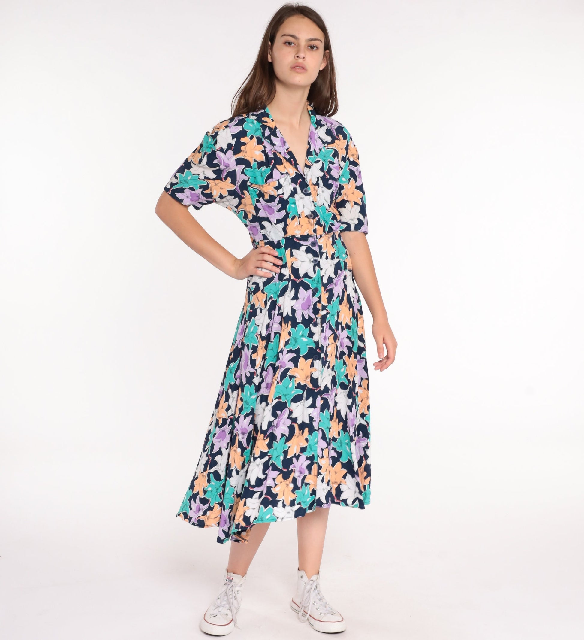 80s Floral Midi Dress Button-Up High Waist Short Sleeve Blue Small