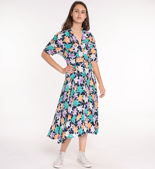 80s Floral Midi Dress Button-Up High Waist Short Sleeve Blue Small