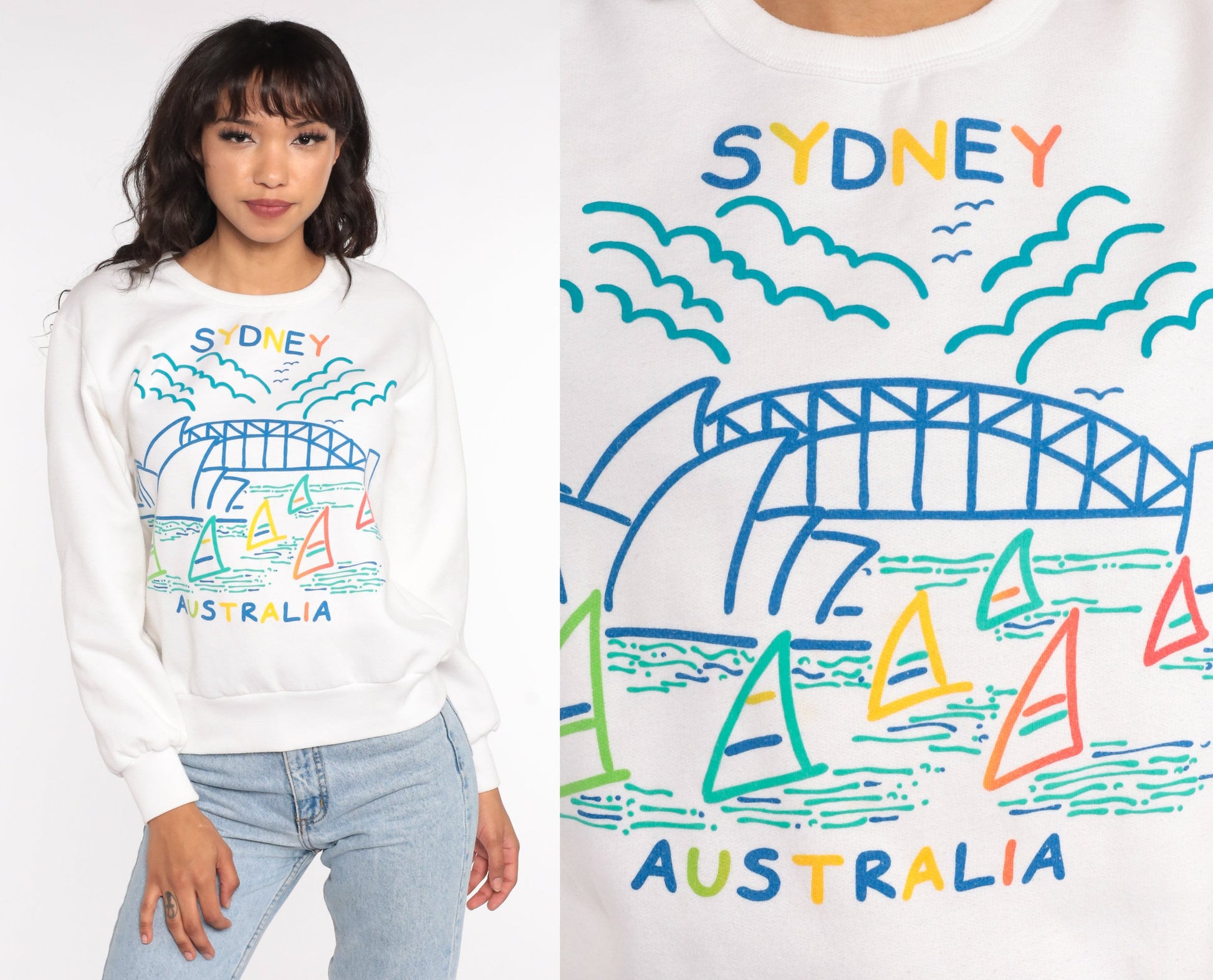 90s Sydney Opera House Harbour Bridge Sweatshirt White Graphic Crewneck Small