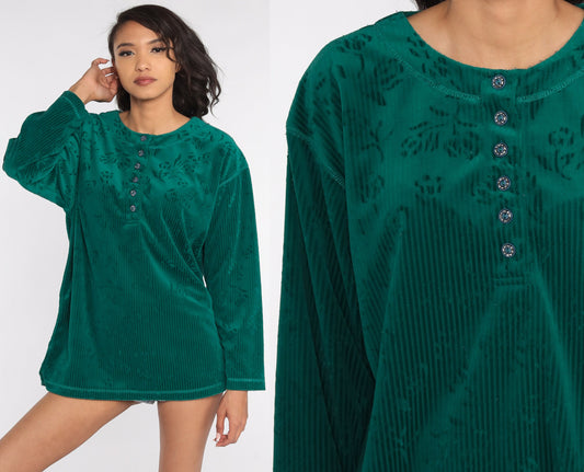 90s Green Floral Velour Henley Long Sleeve Shirt Medium