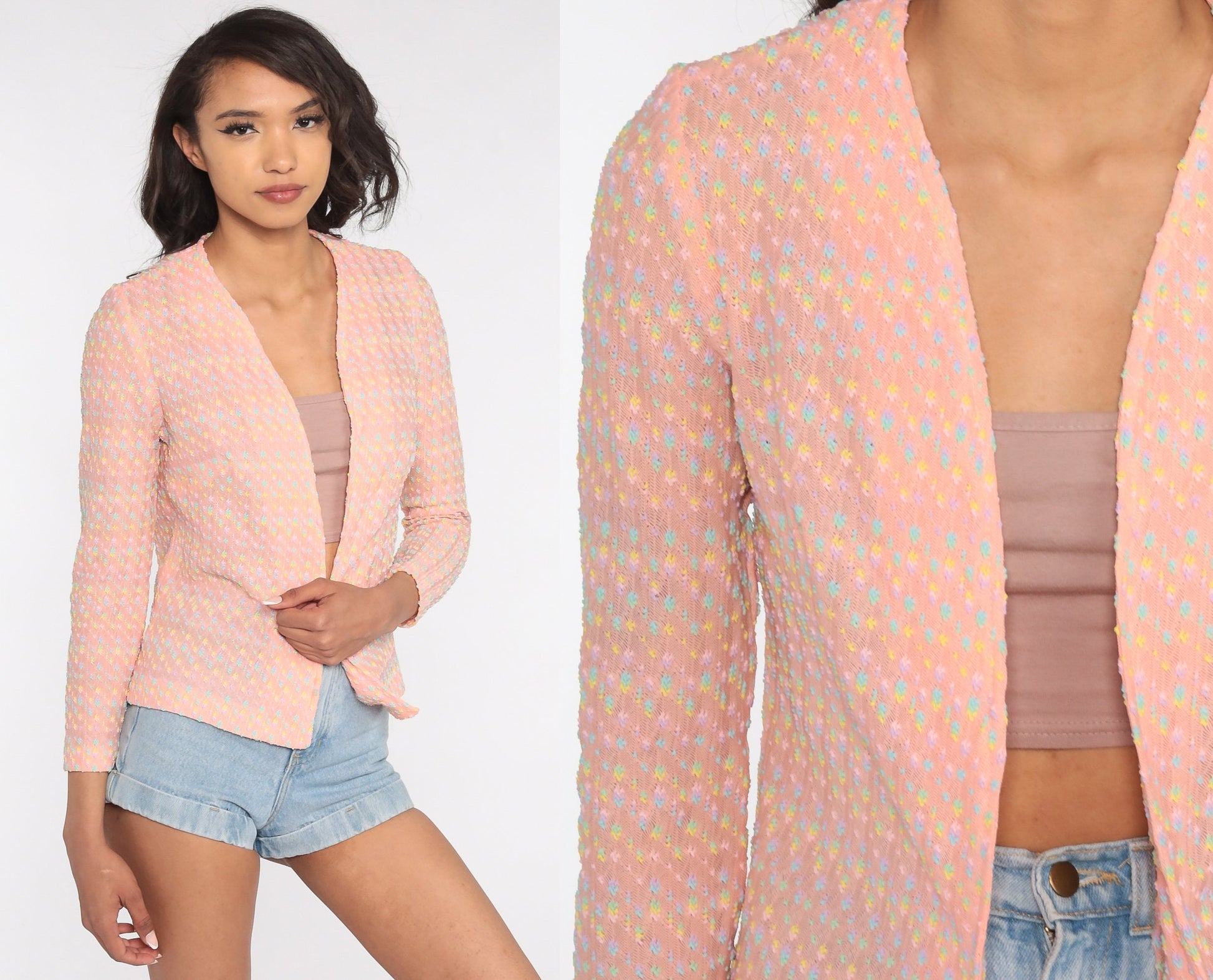 70s Baby Pink Flecked Open Front Blouse Long Sleeve Small