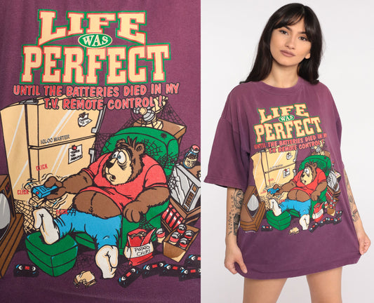 90s Couch Potato Bear Graphic T-Shirt Funny Joke Tee Large