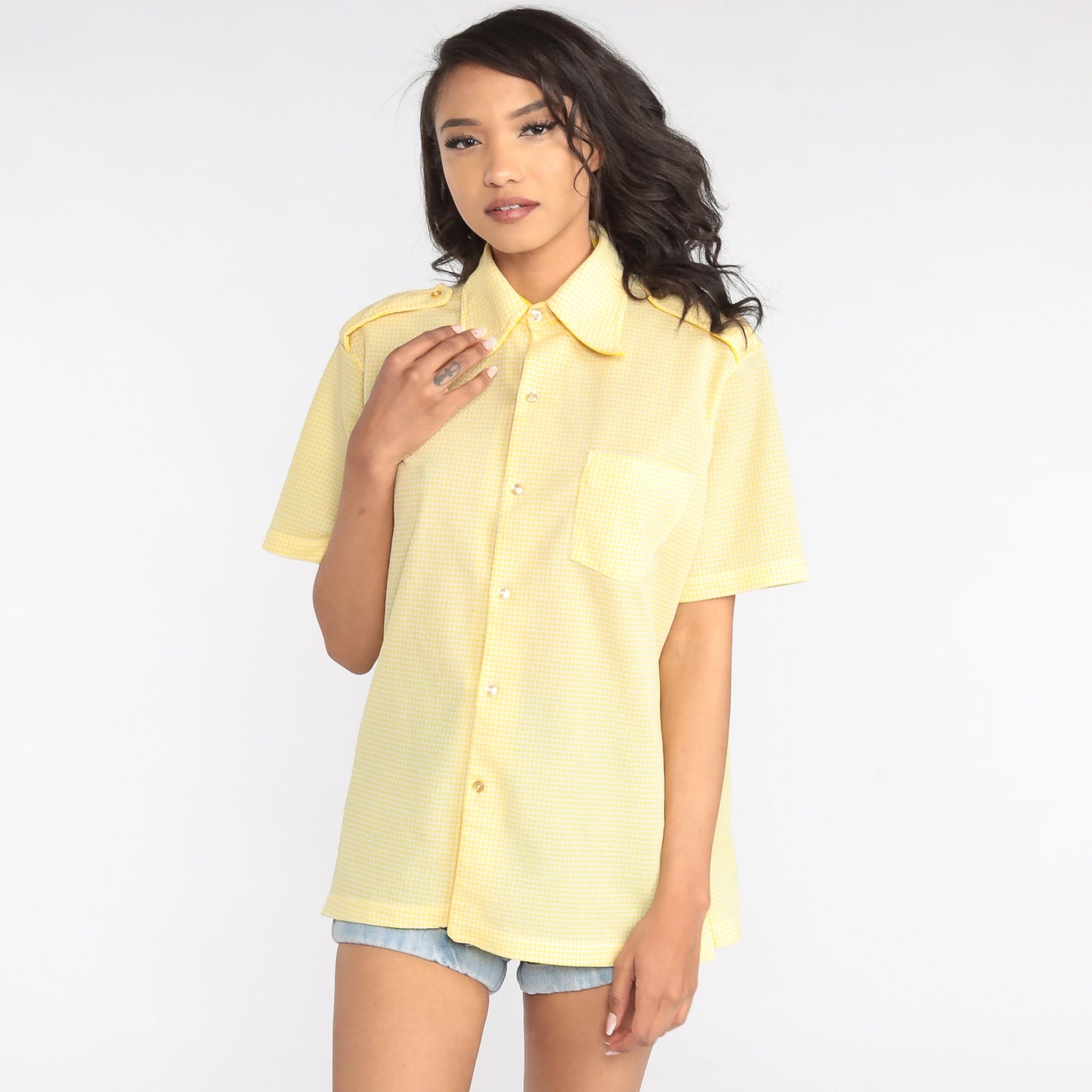 70s Yellow Grid Print Button Up Shirt Short Sleeve Epaulette Top Large