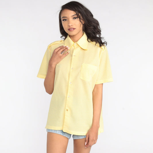 70s Yellow Grid Print Button Up Shirt Short Sleeve Epaulette Top Large