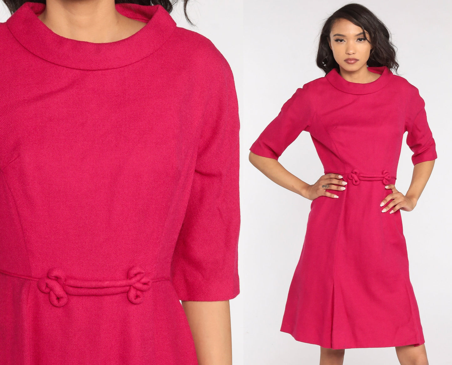1960s Deep Pink Wool Mini Dress High Waist 3/4 Sleeve Small