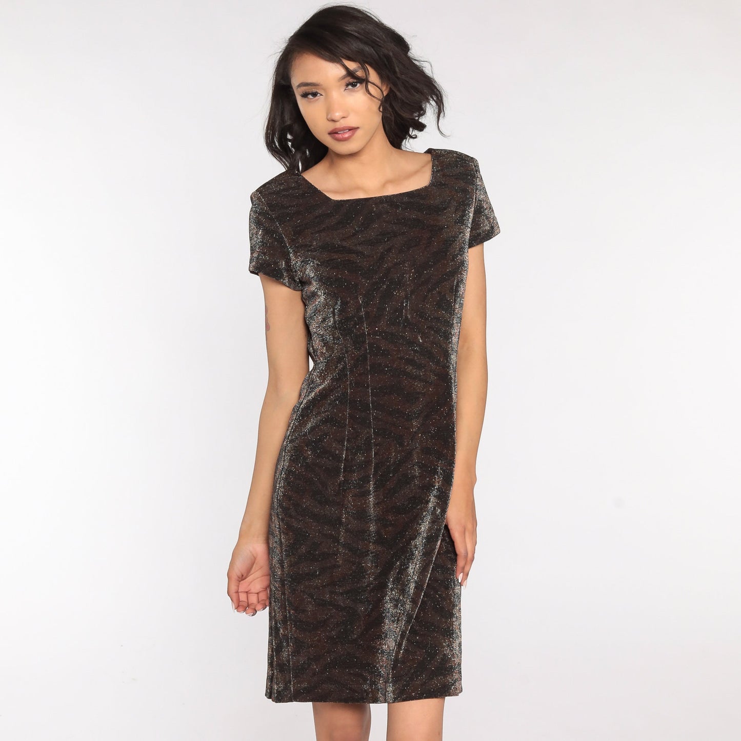 90s Metallic Tiger Stripe Mini Dress Short Sleeve Shift Minidress Medium
