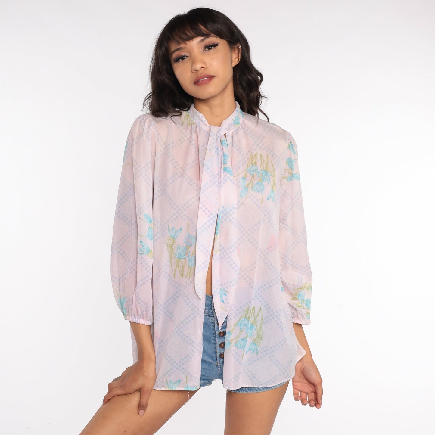 70s Floral Ascot Blouse Sheer Pink Puff Sleeve Bow Neck Medium