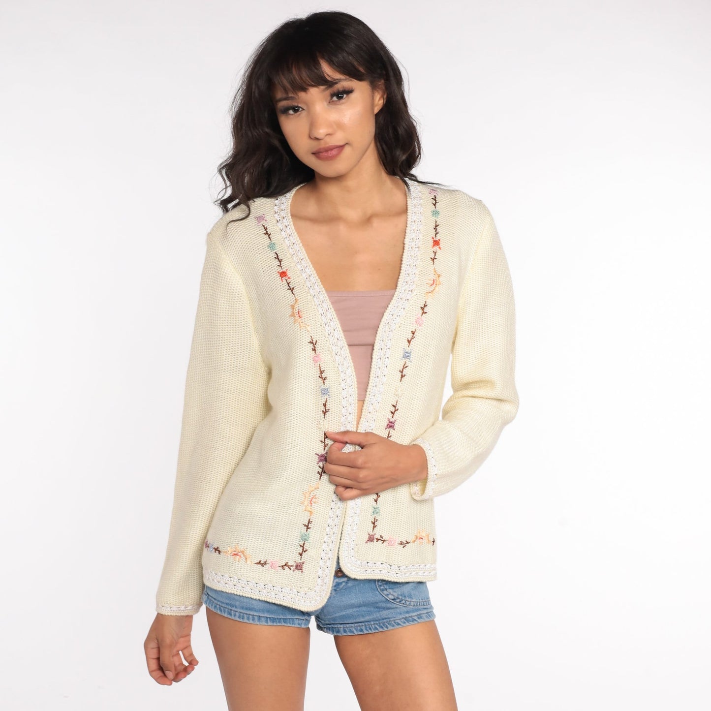 70s Floral Embroidered Cardigan Cream Knit Sweater Small Medium