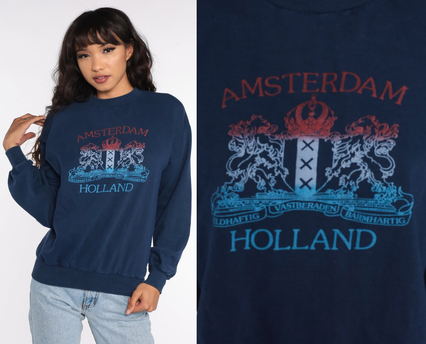 80s Amsterdam Holland Crest Sweatshirt Blue Graphic Crewneck Medium