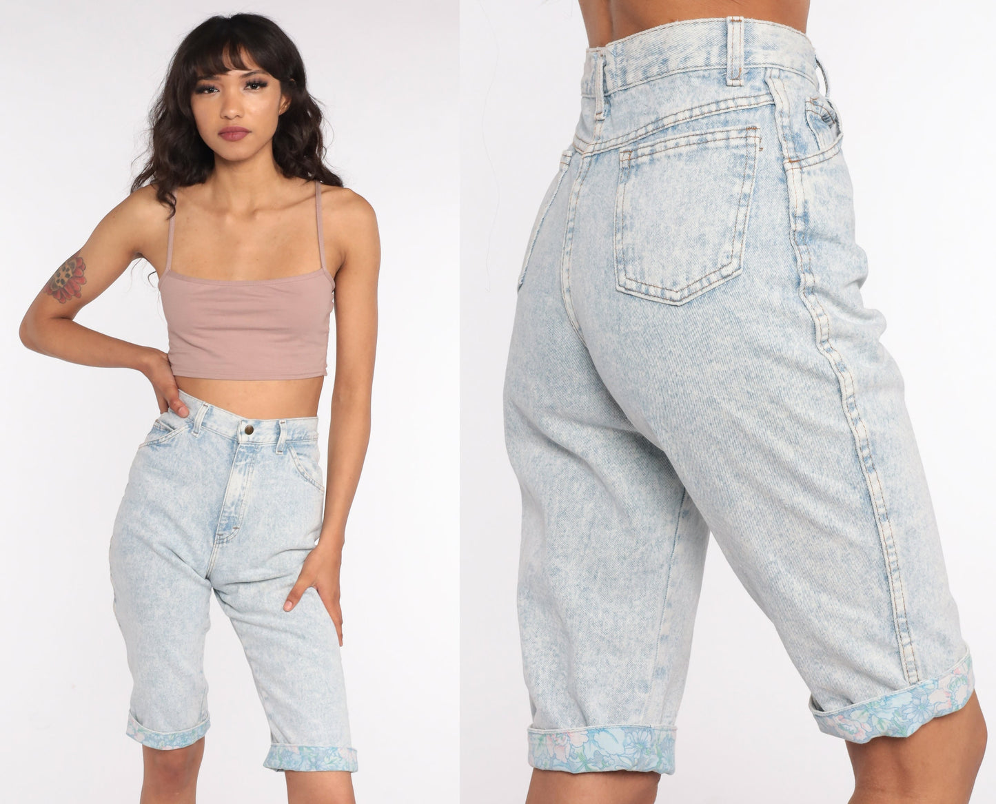 90s Acid Wash Denim Shorts Floral Cuff High Waist Bermuda Light Blue Extra Small
