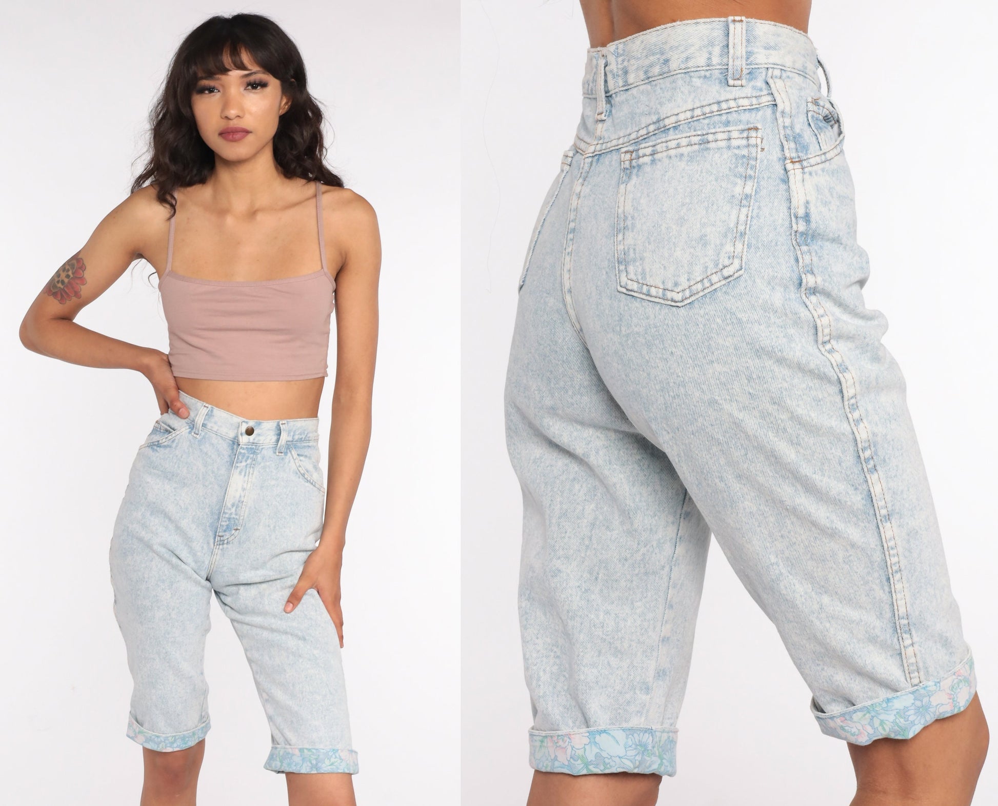 90s Acid Wash Denim Shorts Floral Cuff High Waist Bermuda Light Blue Extra Small