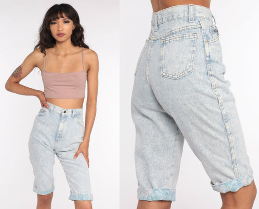 90s Acid Wash Denim Shorts Floral Cuff High Waist Bermuda Light Blue Extra Small