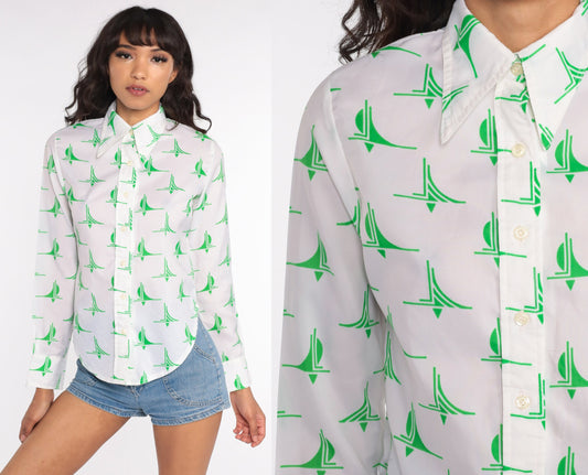 70s Geometric Print Button Up Shirt White Green Long Sleeve Small