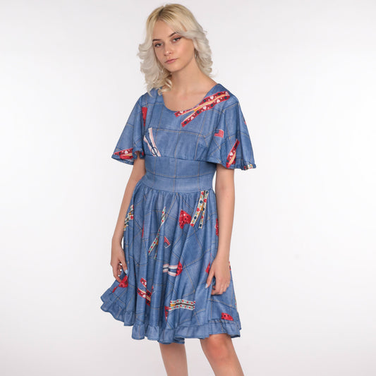 70s Babydoll Mini Dress Heart Zipper Flag Novelty Print Blue Small