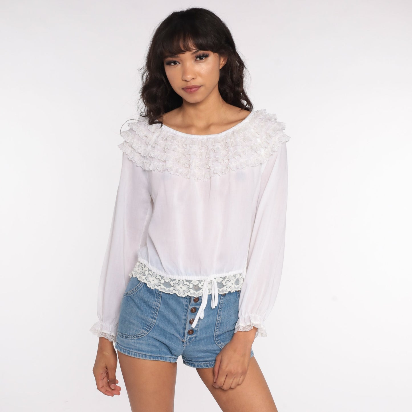 70s White Peasant Blouse Lace Trim Puff Sleeve Crop Top Small Medium