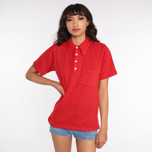 70s Red Polo Shirt Half Button Up Collared Short Sleeve Medium Large