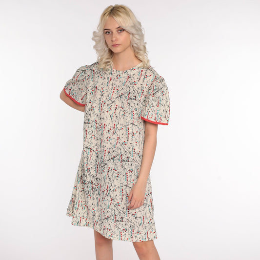 80s Polka Dot Puff Sleeve Shift Dress Cream Mini Extra Large XXL