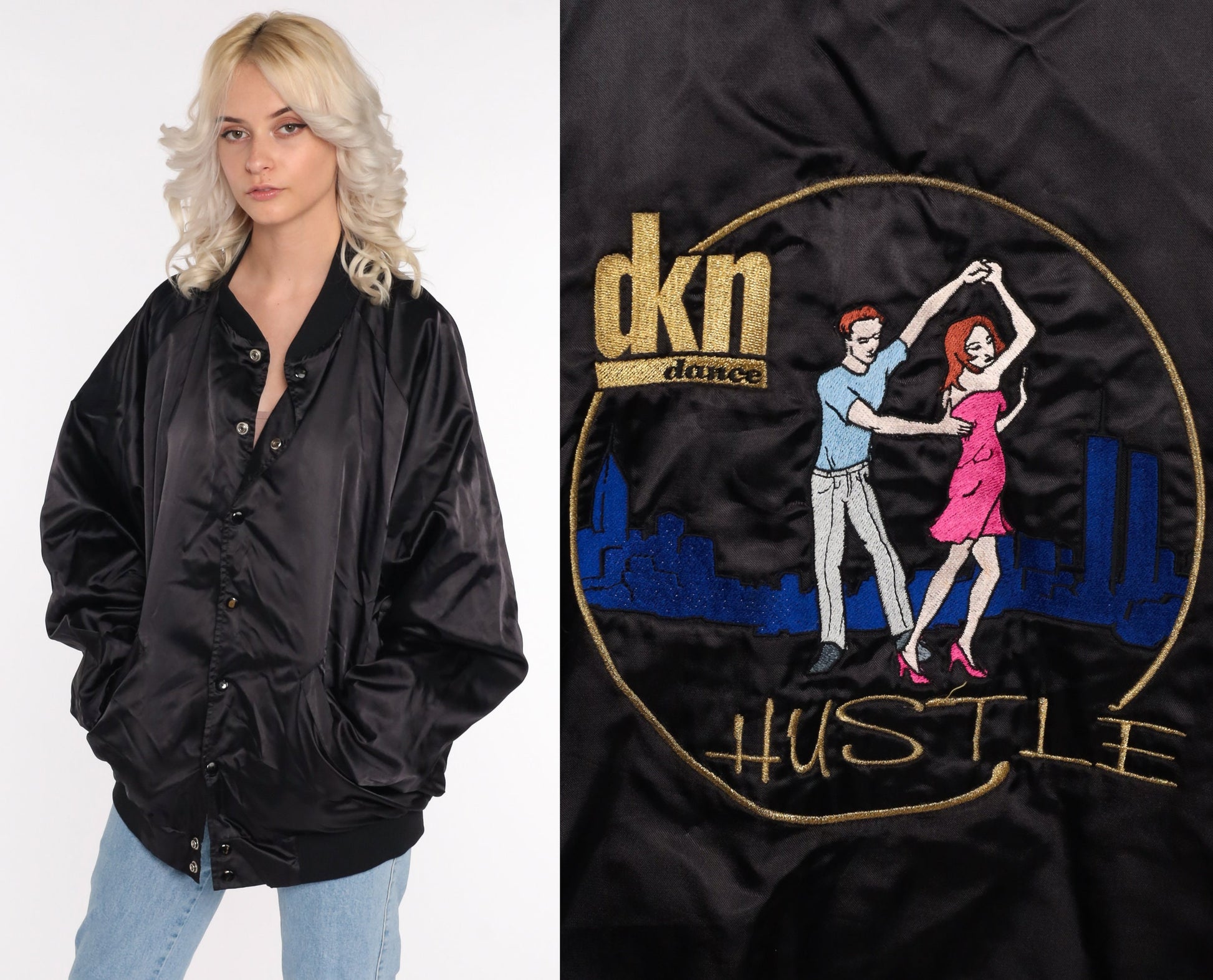80s DKN Dance Black Bomber Jacket Satin Windbreaker Extra Large XL