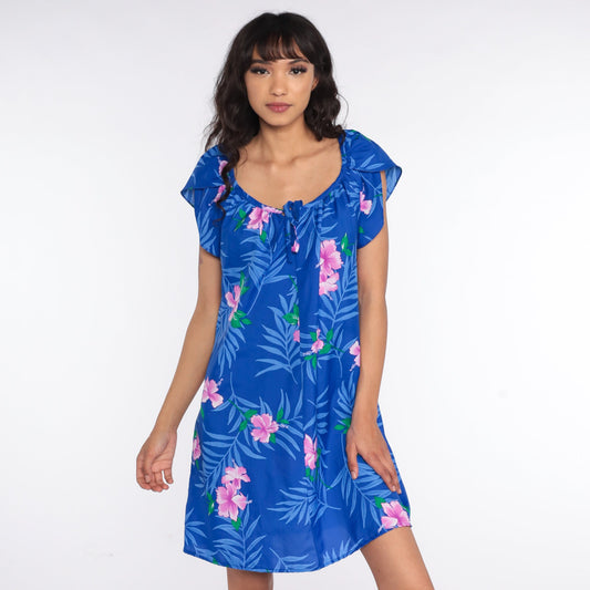 80s Hawaiian Floral Mini Dress Blue Puff Sleeve Shift Large