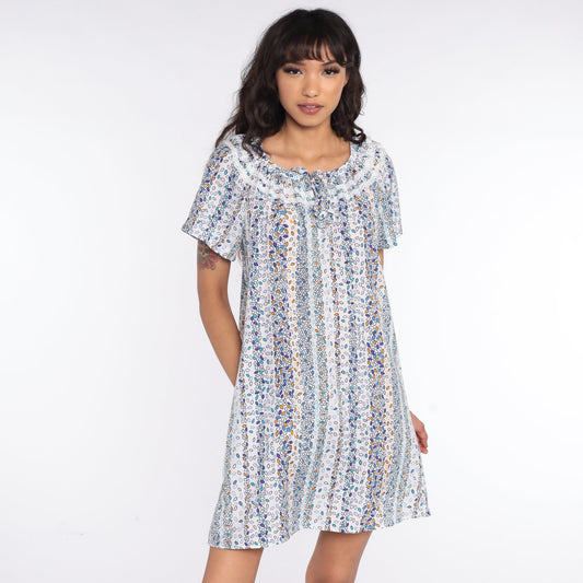 1970s Leaf Print Tent Dress White Purple Mini Short Sleeve Medium